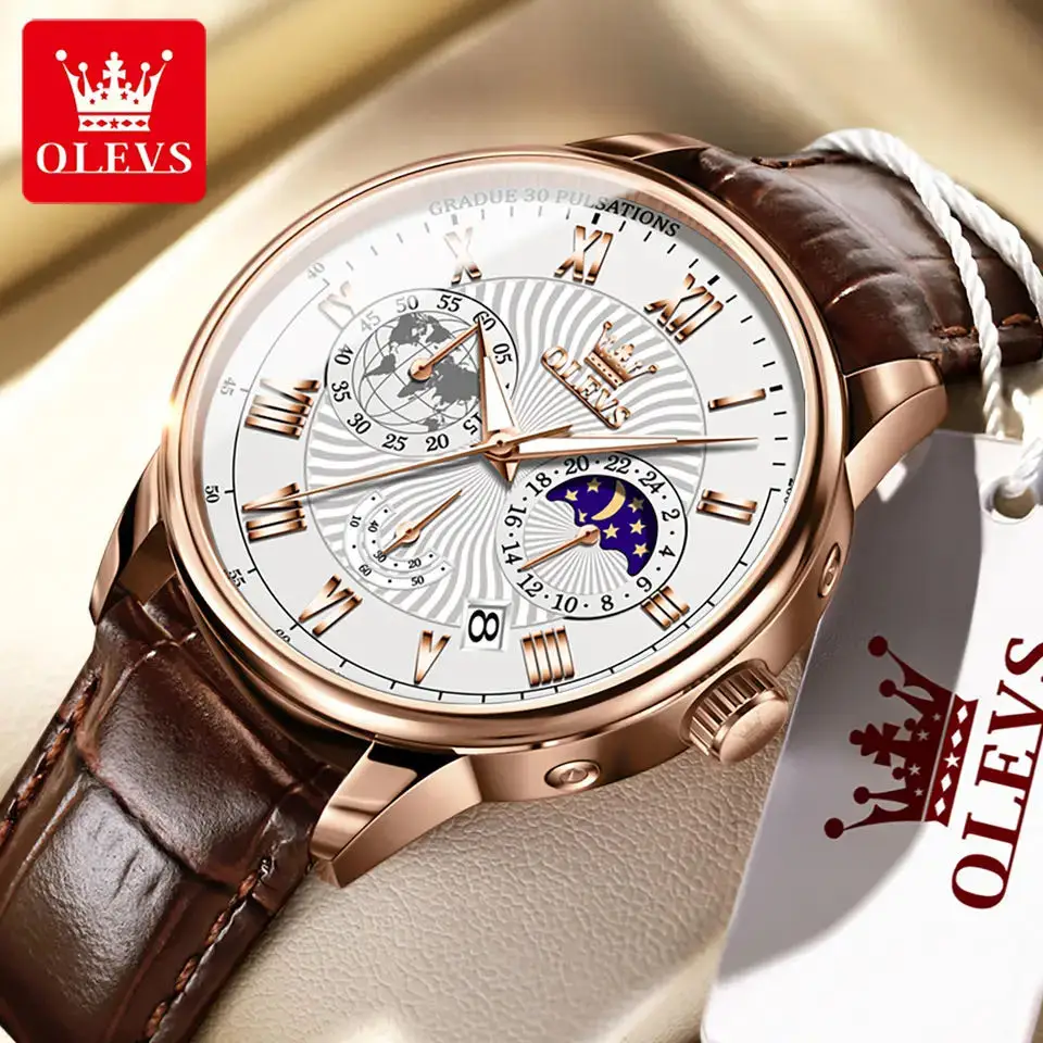 OLEVS orologi al quarzo per uomo cinturino in pelle di lusso calendario quadrante fasi lunari impermeabile luminoso orologio da polso da uomo d'affari di moda