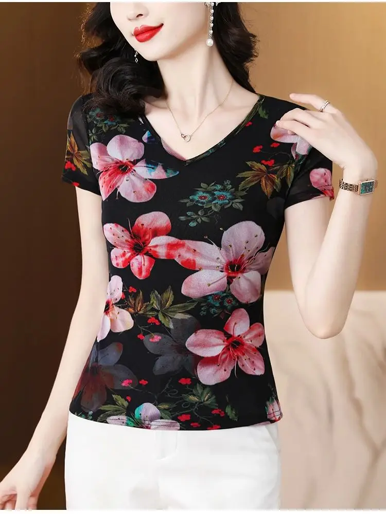 Spring Summer Retro Charming Colorful Printed Flowers Elastic Double Layer Woman T-shirt Short Sleeves V-neck Female Mesh M-4XL