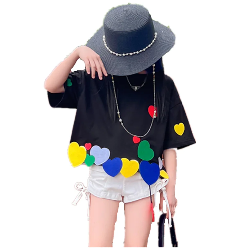 Lovely Girls T shirt Summer Clothing Black Tees Colorful Love Hearts Design Short Sleeve T-shirts Cotton Casual shirt Loose Tops