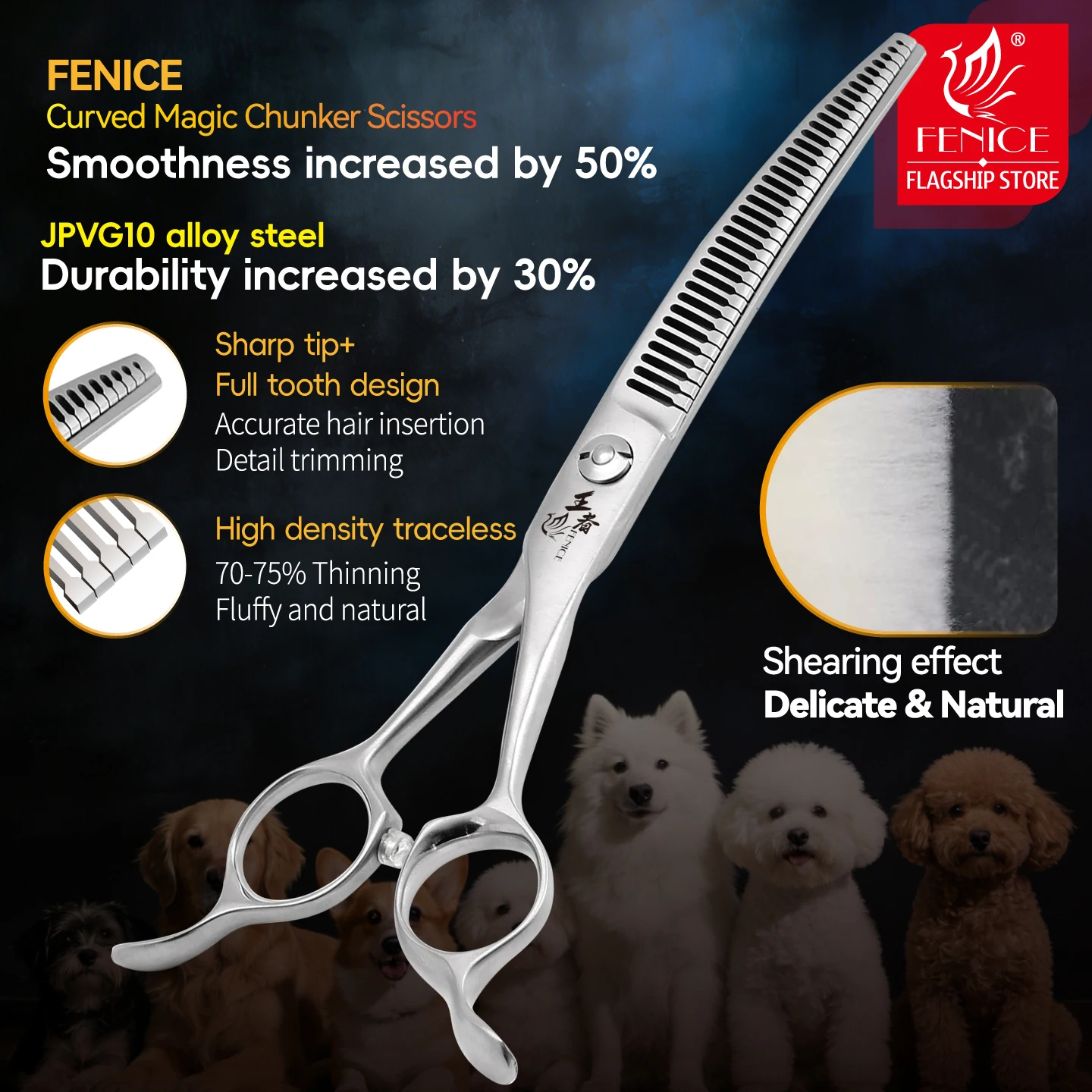 Fenice High-End King Series VG10 Pet Grooming Scissors 7/7.5Inch Curved Chunker Shears for Beautician Canine Hairdressing 70-75%