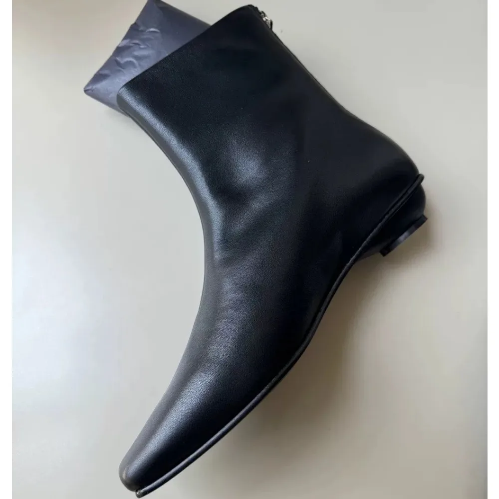 Leather Boots Women Autumn Winterblack Ankle Boots New Velvet Back Zipper Square Head Skinny Shoes Womens Low Heeled Short Boots