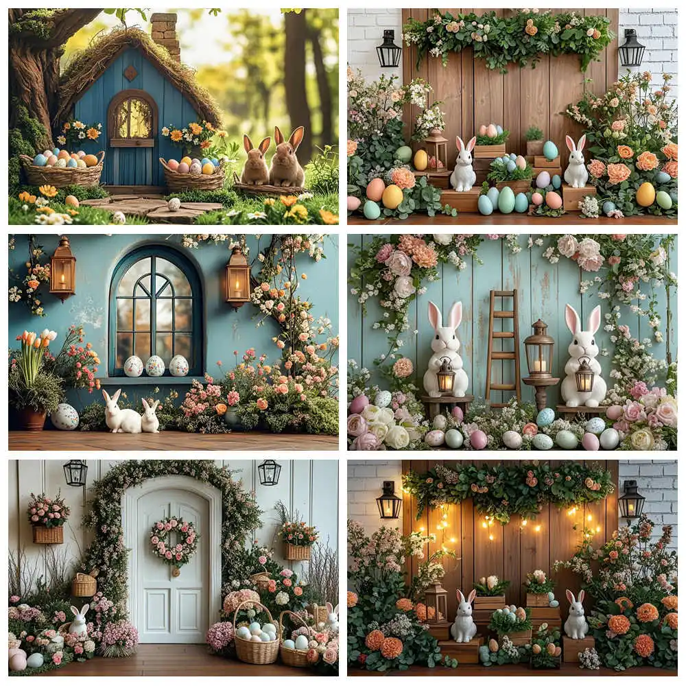 

Easter Bunnies Backdrop Pastel Colored Wooden Cottage Photography Child Baby Cake Smash Spring Jungle Garden Carrots Backgrounds