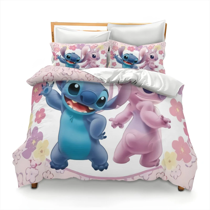 Imagem -02 - Stitch e Lilo Cartoon Duvet Cover Bonito Conjunto de Cama Kawaii com Zipper Tie Adequado para Adolescente Menino e Menina Único Duplo Pcs Pcs