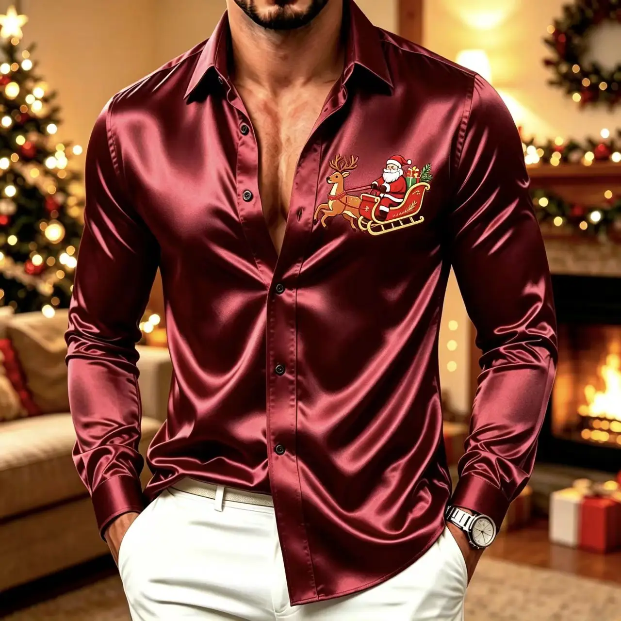 Men Satin Long Sleeve Shirt Luxury Wine Red Santa Claus Sleigh Print Casual ButtonDown Shirt Christmas Party Festive Dress Shirt