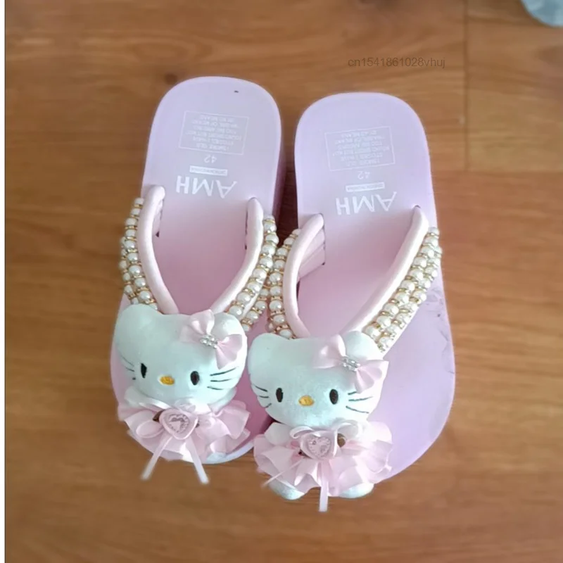 Sanrio Kawaii Hello Kitty Doll Wedges Slipper Women\'s Fashion High Heels Flip Flops Leisure Slides Y2k Platform Sandals Female