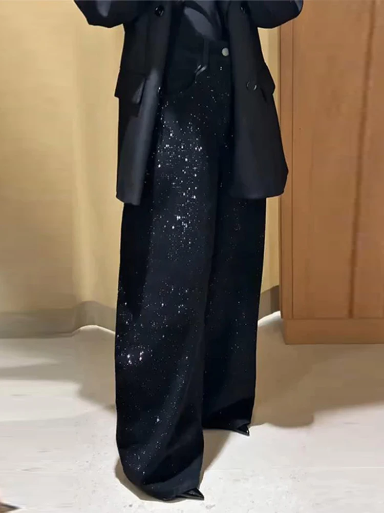 Y2k 女性光沢のあるラインストーンデニムパンツワイドレッグストレートフルダイヤモンドジーンズ女性のためのドラッグハイストリート生き抜くズボン