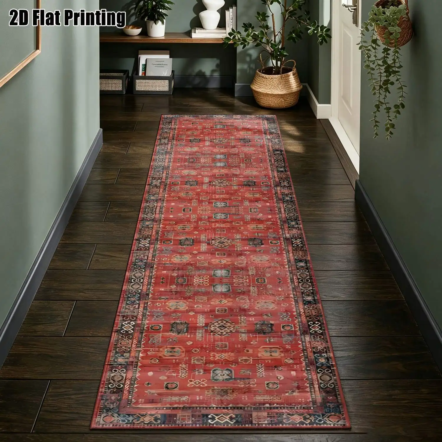1Pc 2D Printed Striped Runway Carpet: Retro Red Geometric Striped Rug, Bohemian/European/Nordic Style, Home Decor, Multi-Size, Machine Washable, for Entrance, Hallway, Living Room, Bedroom