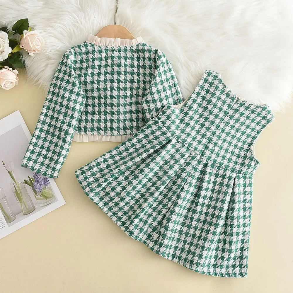 Children\'s Clothing Sets Plaid Lace Coat + Vest Dress 2pcs Sets Baby Girl Outfit Set Kids Clothes Girls 2 To 6 Years