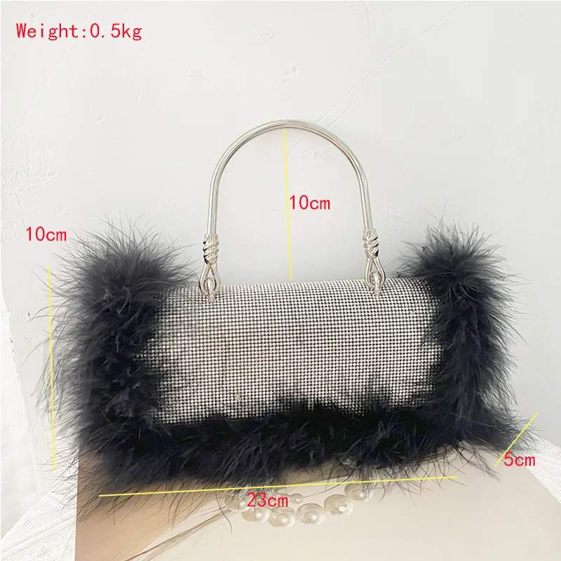 Moda avestruz pele sintética pena sacola senhoras brilhante diamante jantar festa casamento sacola
