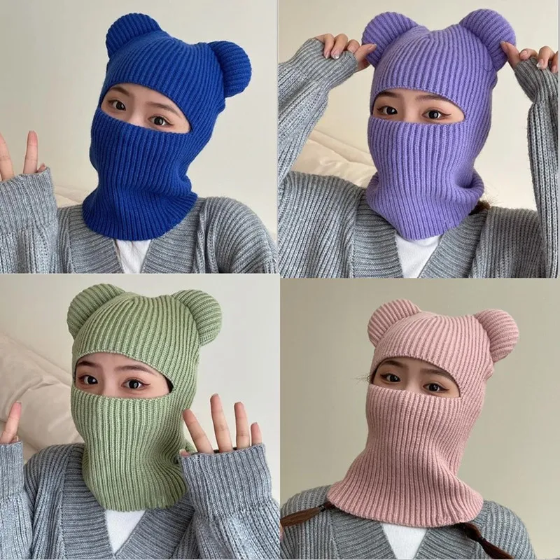 New Wome's Cute Full Face Cover Ski Mask Hat with Bear Ear Balaclava Knitted Hats Windproof Skullies Beanies Bonnet Winter Warm