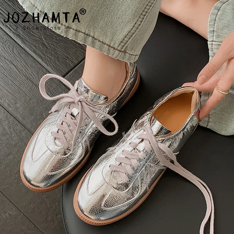 

JOZHAMTA Size 34-40 Women Sneakers Real Leather Casual Flats Shoes Metallic Silver Gold Lace Up Elastic Tennis Athletic Shoes