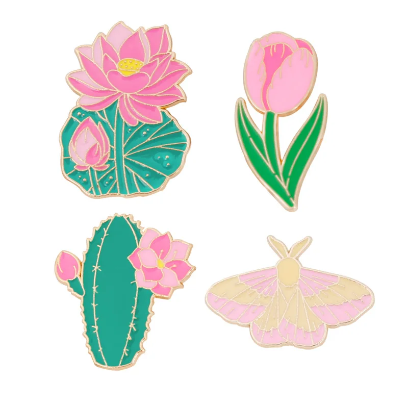 Tulip Flower Enamel Pins Lotus Cactus Butterfly Brooch Lapel Badges Jewelry Gift for Kids Friends