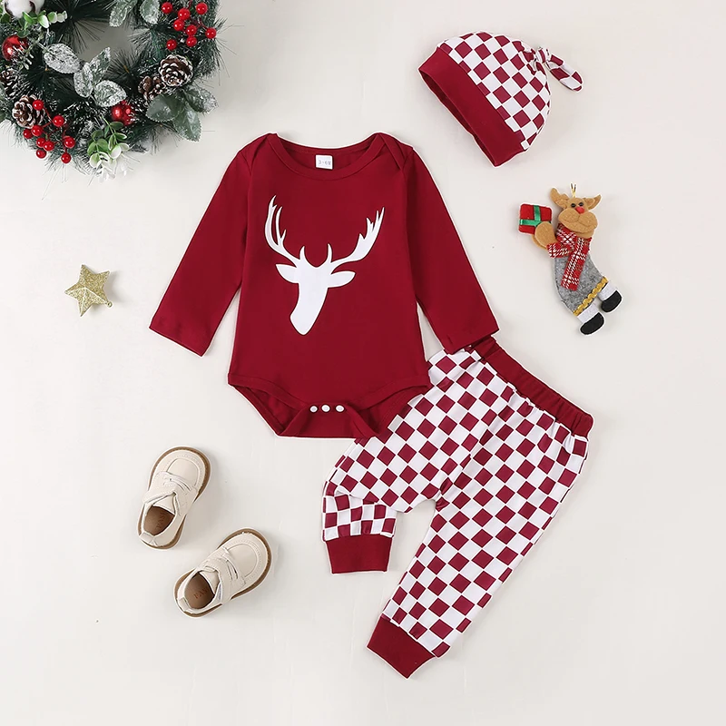 FOCUSNORM 0-18M Autumn Baby Boys Girls Christmas Clothes Sets 3pcs Xmas Deer Print Long Sleeve Romper Plaid Pants Hats