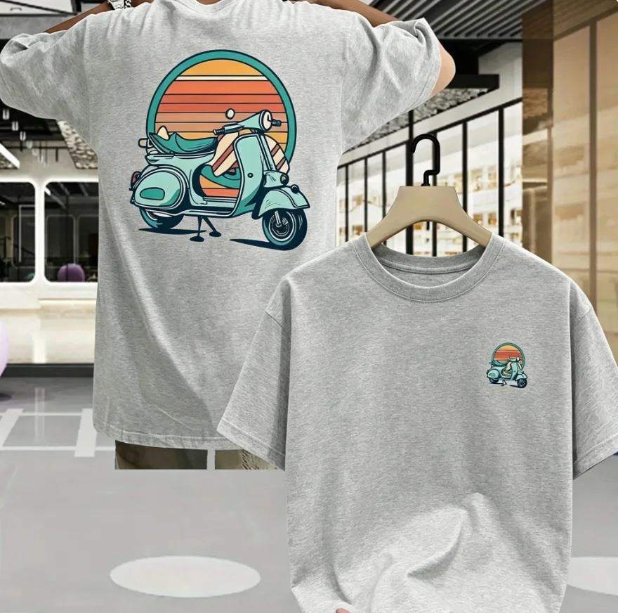 2026 Men's Oversized T Shirt Retro Scooter Sunset Graphic Print Short Sleeve Cotton Casual Unisex Tee