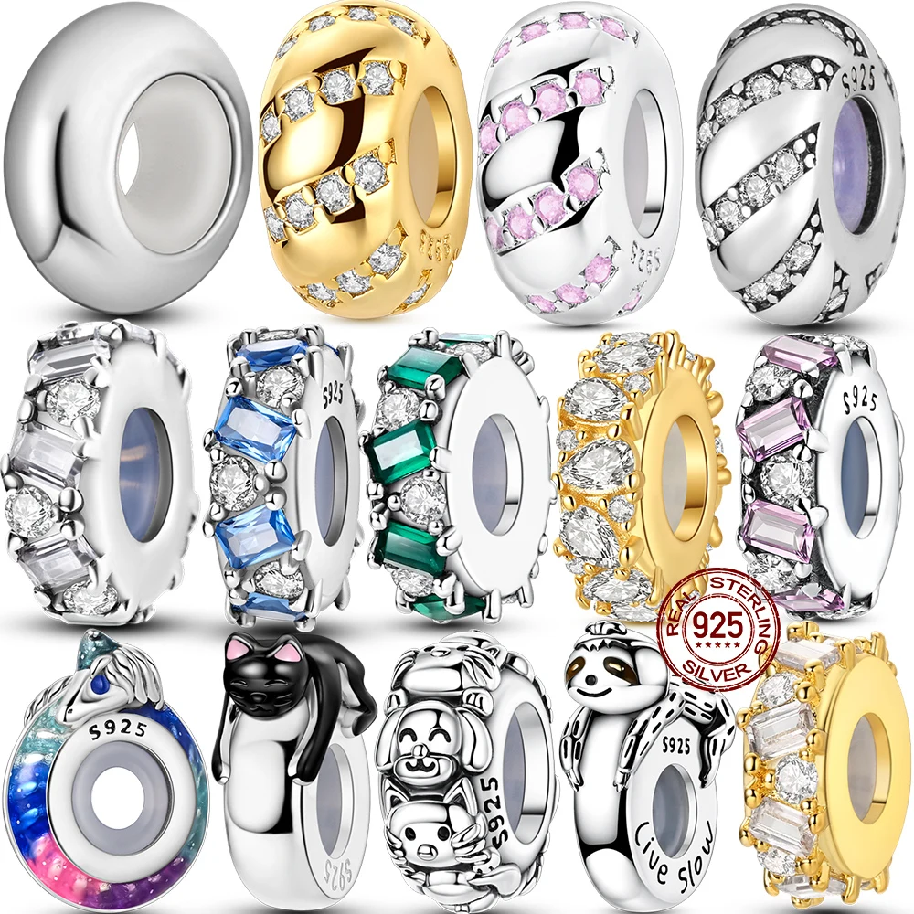 Berloques e Contas de Prata Esterlina 925 com Zircônia Colorida e Silicone, tipo Espaçador e Stopper, para Joias, Compatíveis com Pulseiras Originais Femininas, Presente DIY para Festa