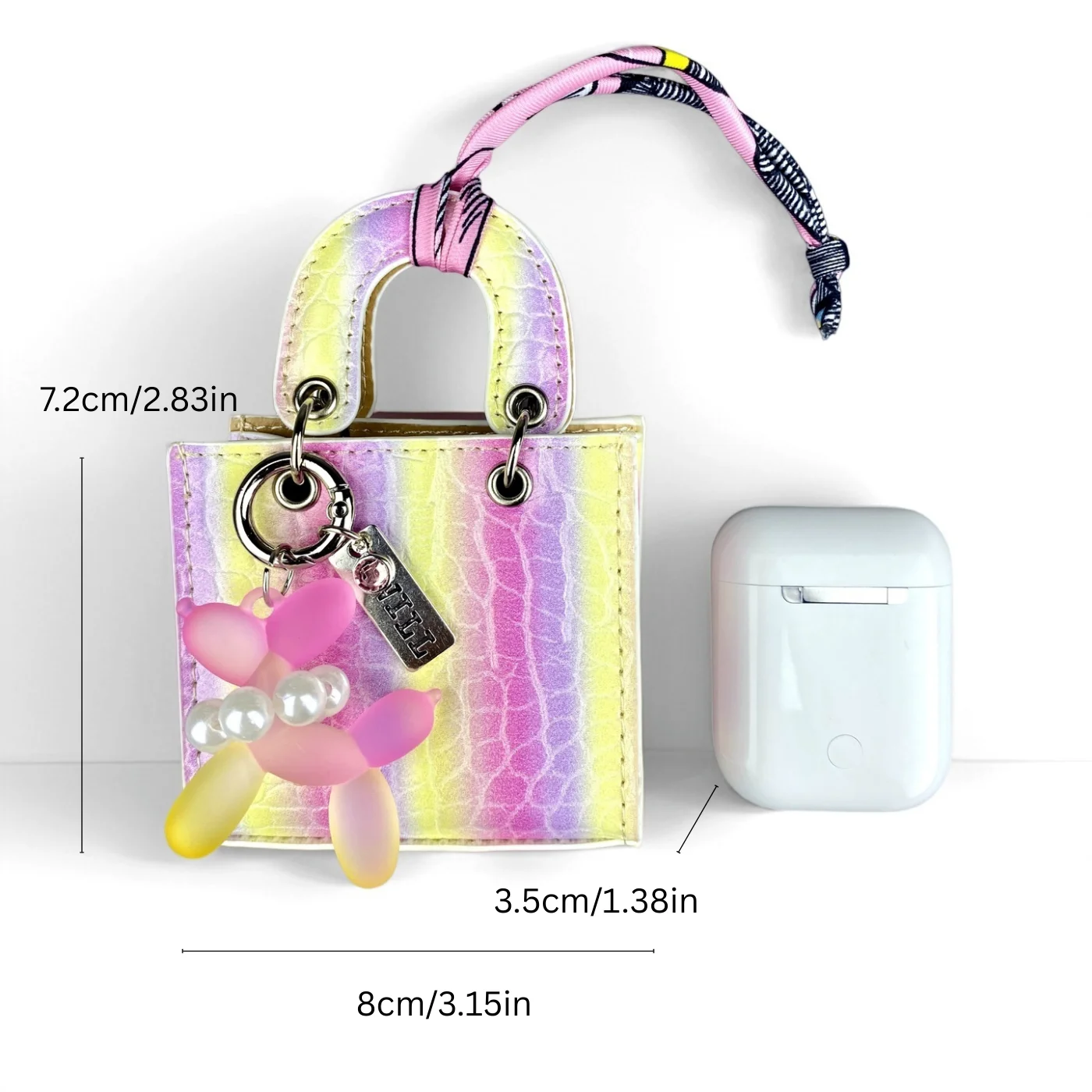 Mini PU-Leder Taschenanhänger, Regenbogenfarbene Mini-Tasche mit Farbverlauf-Ballonhund-Schlüsselanhänger-Set für Ohrhörer/Ladekabel/Geschenk – Detail 6