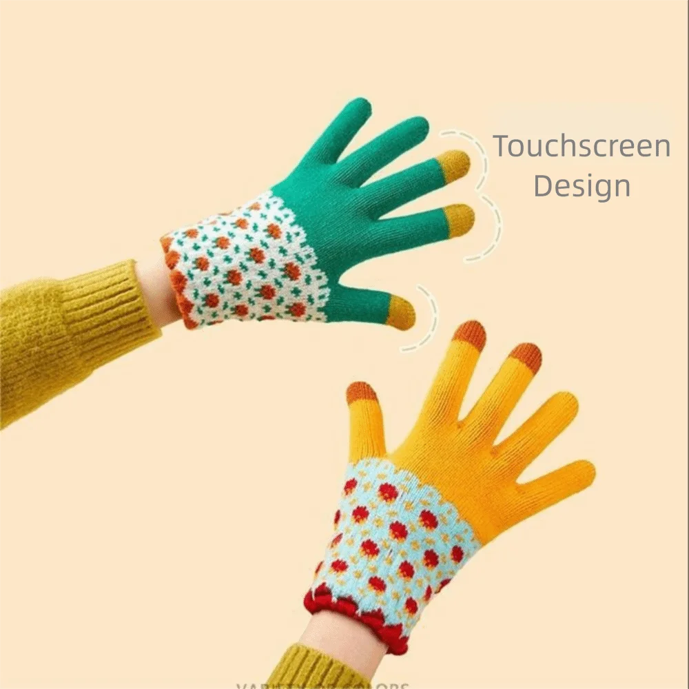 لطيف ملون زهرة نمط قفازات نسائية سميكة تقليد الكشمير قفازات دافئة يندبروف قفازات شاشة لمس الطلاب