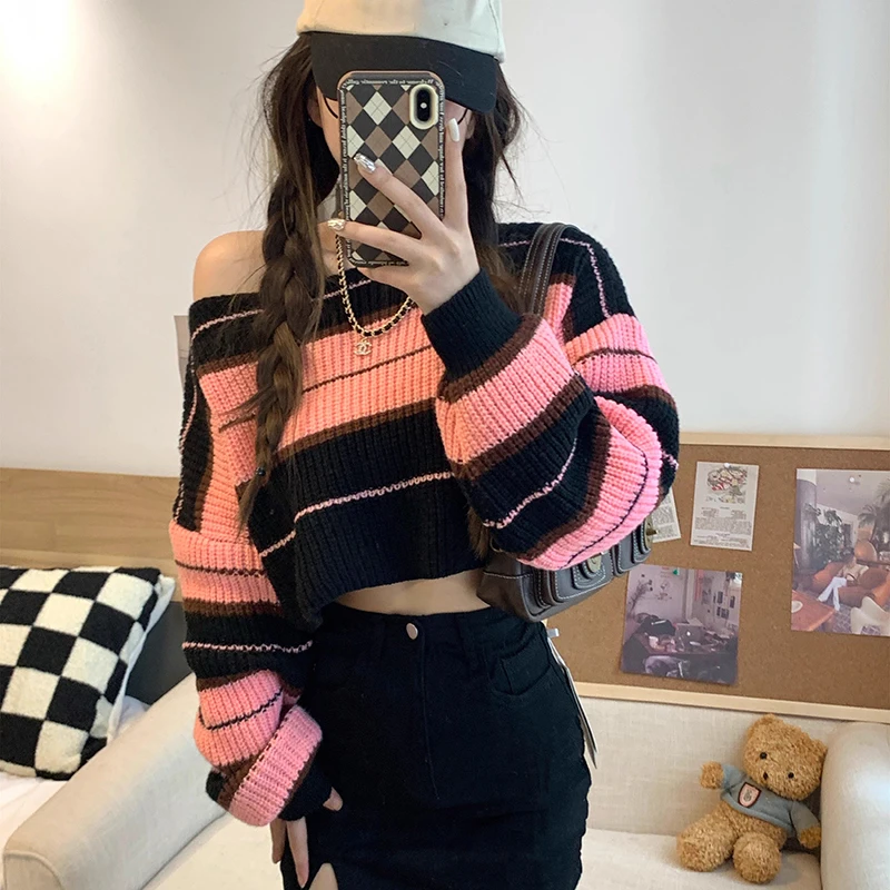 Women Striped Jumper Vintage Female Autumn Long Sleeve Casual Cropped Sweater