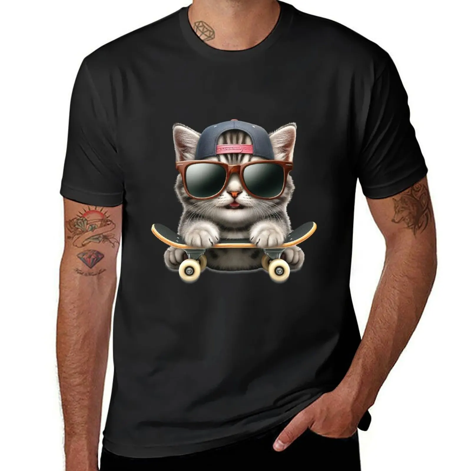 grinning kitten on skateboard T-Shirt Short sleeve tee summer top Blouse summer tops mens t shirts