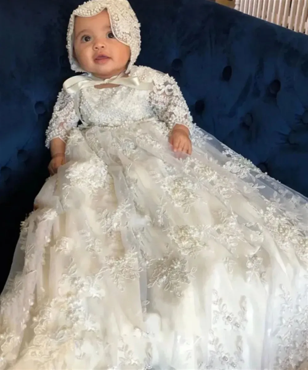 

Customized Vintage Baby Baptism Dress Flower Girl Wedding Dress Long Sleeve First Communion Birthday Party Christening Gown