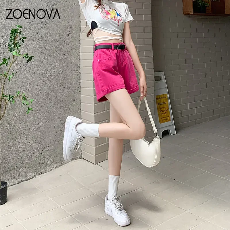 ZOENOVA-pantalones cortos de mezclilla para mujer, ropa de calle de buena calidad, de cintura alta, con puños de diseño, color liso, en oferta