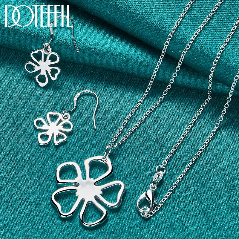 

DOTEFFIL 2pcs 925 Sterling Silver Flower Necklace Earring Set For Woman Man Wedding Engagement Party Fashion Charm Jewelry