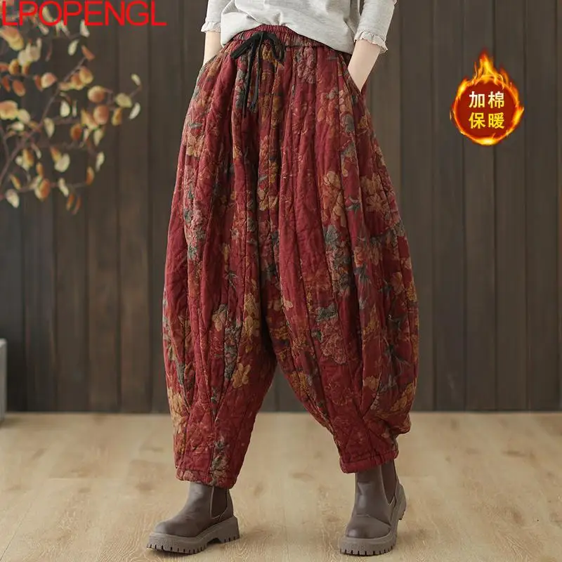 Ethnic Style Retro Print Stitched Cotton Linen Trousers Women\'s Autumn And Winter Loose Drawstring Warm Straight Harem Pants