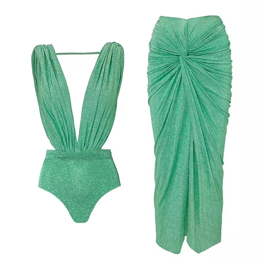 2025 nuevo traje de baño de gama alta diseño de nicho 2 uds cuello Halter tela brillante vacaciones Sexy Hot Spring traje de baño de una pieza para mujer