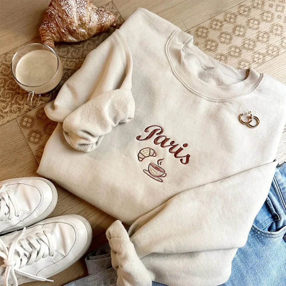 Embroidered Paris France Sweatshirts Women Khaki Vintage Loose Thick Fleece Warm Pullover Long Sleeve Crewneck Casual Jumpers