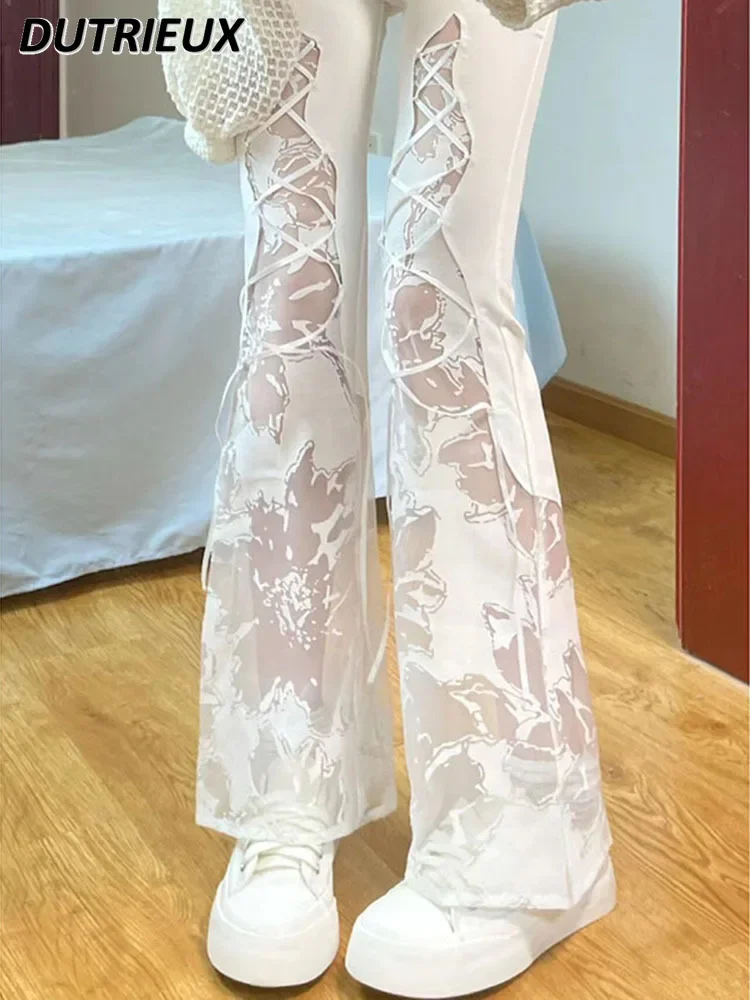 

High Waist Hot Girl Fashionable Sweet Pants Women's Summer 2024 New Lace Stitching Irregular Slightly Flared Casual Trousers