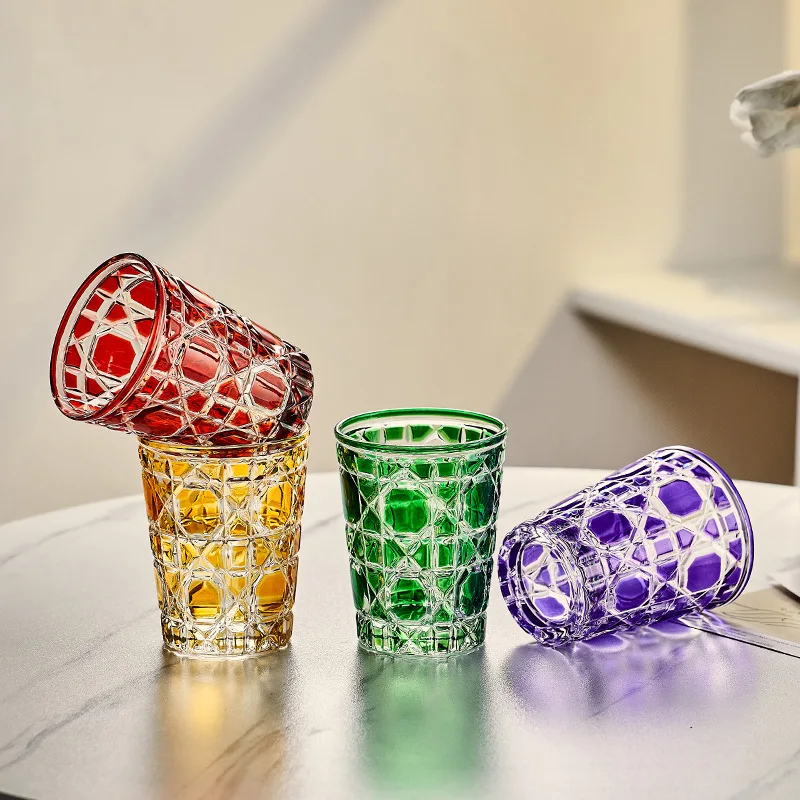 

310ml Colorful Checkered Glass Cup Thick Bottom Whiskey Beer Cup Coffee Latte Cups Beverage Cups Tea Cups Water Glass Household
