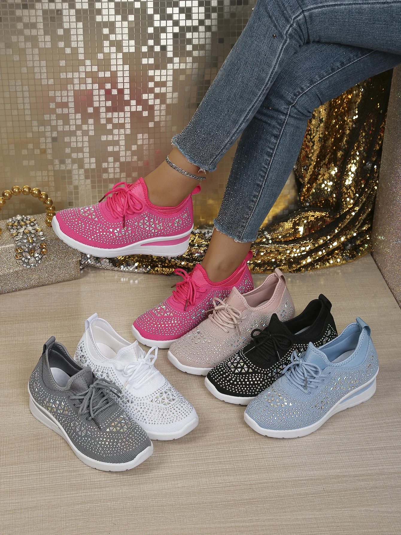 Damen Casual Walking Sneakers Atmungsaktives Mesh Geometrische Strass Versteckte Höhe Keilabsatz Plateau-Schuhe Kostenloser Versand Schuhe – Detail 1