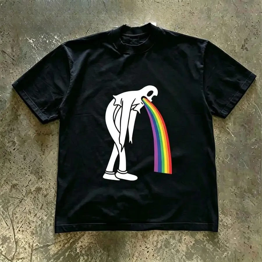 Unisex Y2K Weird‑Aesthetic Rainbow‑Spitting Ghost Illustration Graphic Print Oversized Relaxed Fit Heavyweight Cotton Crew Neck Short Sleeve Couple Casual Everyday Tee