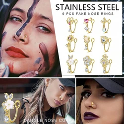 9 pieces Women's fake nose ring Hanging Pendant Clip nose ring African Nose cuff Fake clip nose ring for non-piercing jewelry,