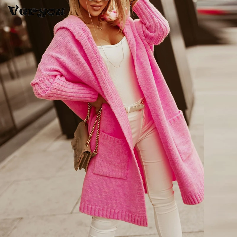 Winter Ladies Long Sweater Coat Cardigan Hooded Letters Ladies Long Sweater Coat Knitted Cardigan Loose Street Fashion Sweater