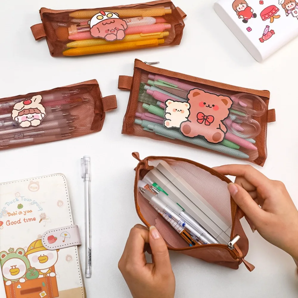 Cute Bear Transparent Mesh Pencil Case Ins Portable Toiletry Makeup Pencil Bag Stationery Gift School Pencil Box Crafts Supplies