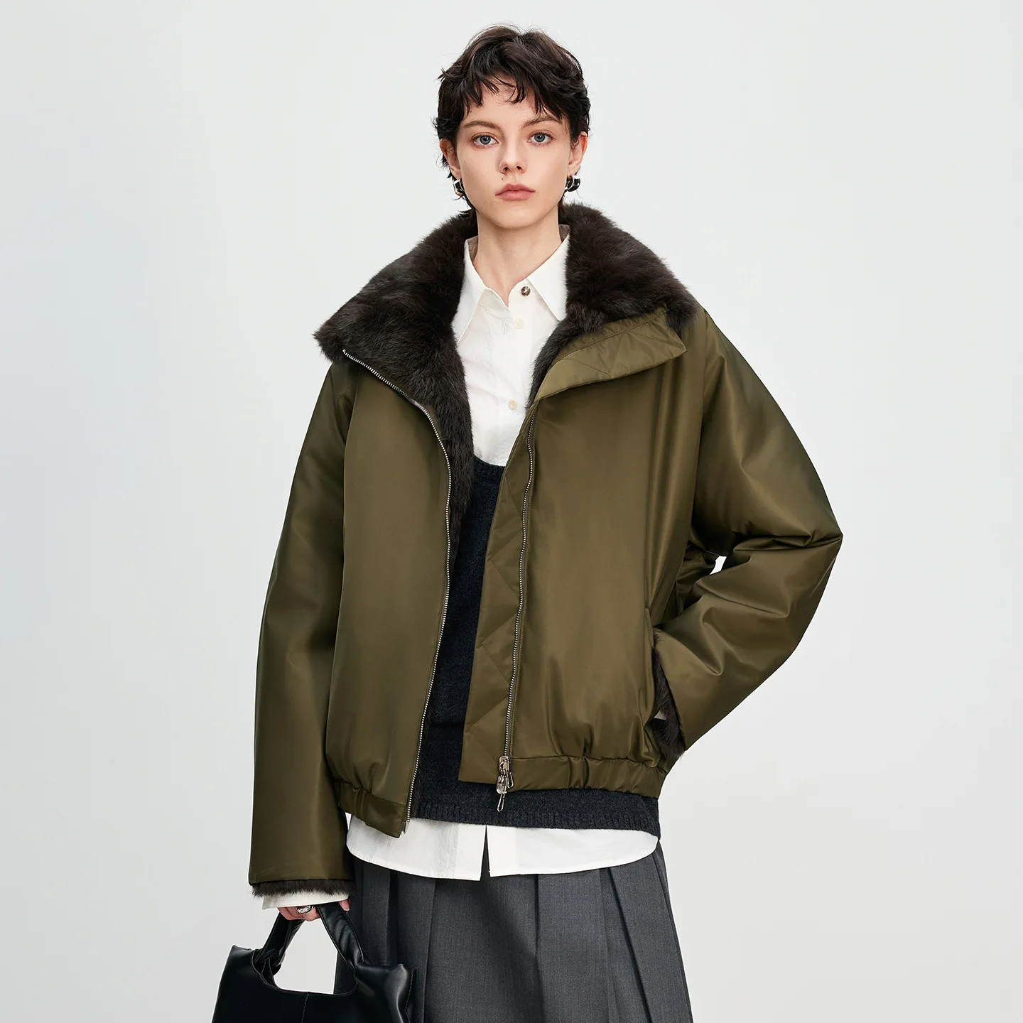 Women Winter Season Casual Mid-Length Rabbit Fur Lined Jacket Korean Style Warmth Outerwear Fashion Element Pockets