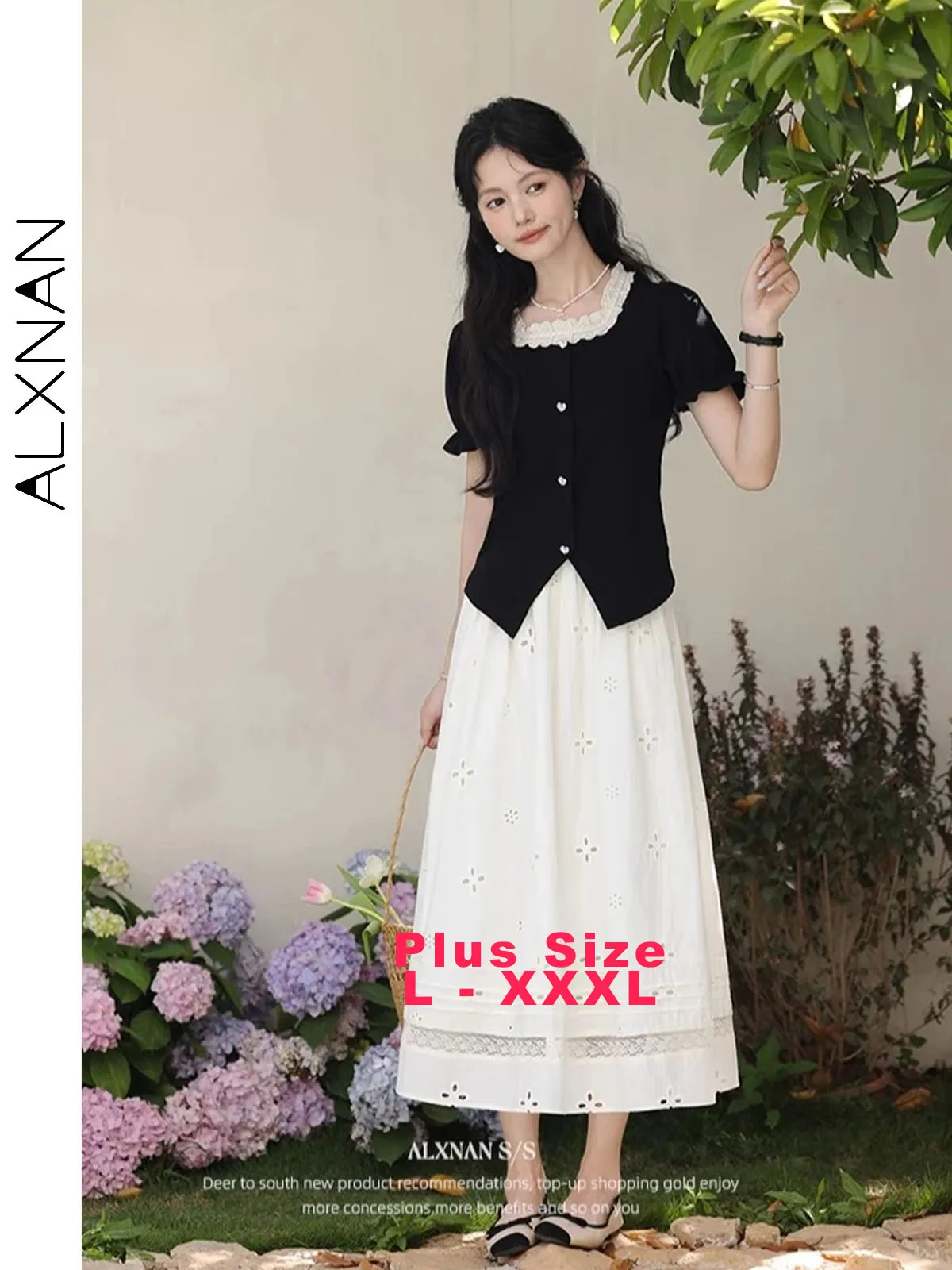 

ALXNAN Юбка больших размеров с вырезами и вышивкой, кружевная женская юбка-миди, летняя длинная хлопковая эластичная талия, повседневная женская одежда D11078