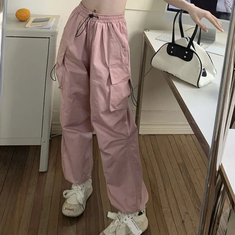 Retro women's hip-hop design, high street workwear, casual pants, loose straight leg, wide leg, big pocket, leg binding pants