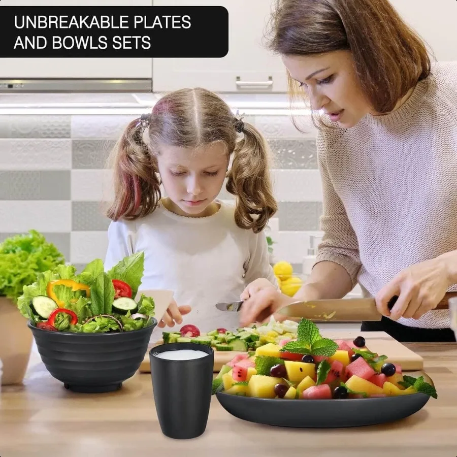 12pçs conjuntos de louça de palha de trigo de plástico, conjuntos de pratos e tigelas de palha de trigo para 4 entradas de dormitório universitário, máquina de lavar louça de micro-ondas