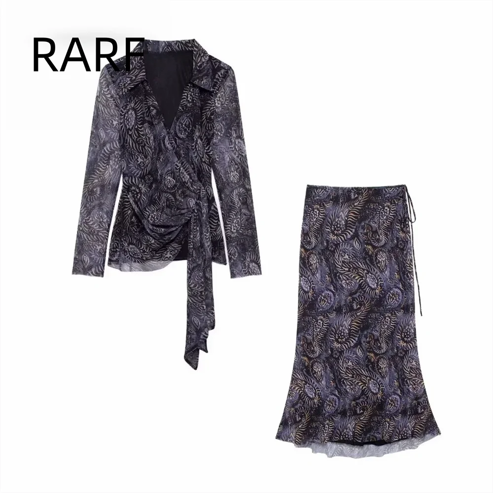 2024 Autumn/Winter New Product Women's Silk Mesh Printed Long Sleeve V-neck Casual Top Long Midi Skirt Set