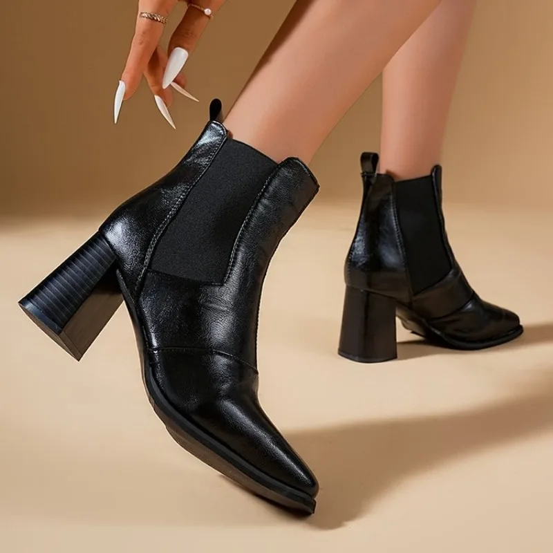 Retro Thick High Heel Women Winter 2026 Elegant Square Toe Black Ankle Boots Woman's Elegant Short Booties
