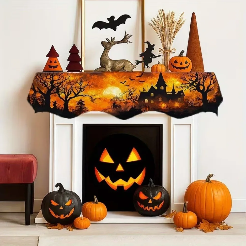 Scalloped Edge Halloween Mantel Scarf Haunted House Autumn Pattern Fireplace Shelf Cover Pumpkin Theme Cute Ghost Mantel Runner