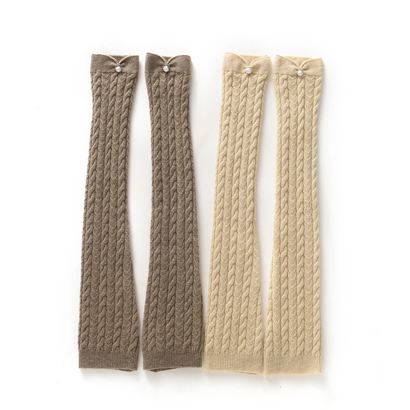women's-cashmere-knitted-pearl-arm-sleeve-fashionable-versatile-autumn-winter-warmth-protection-twist-flower-design-mittens