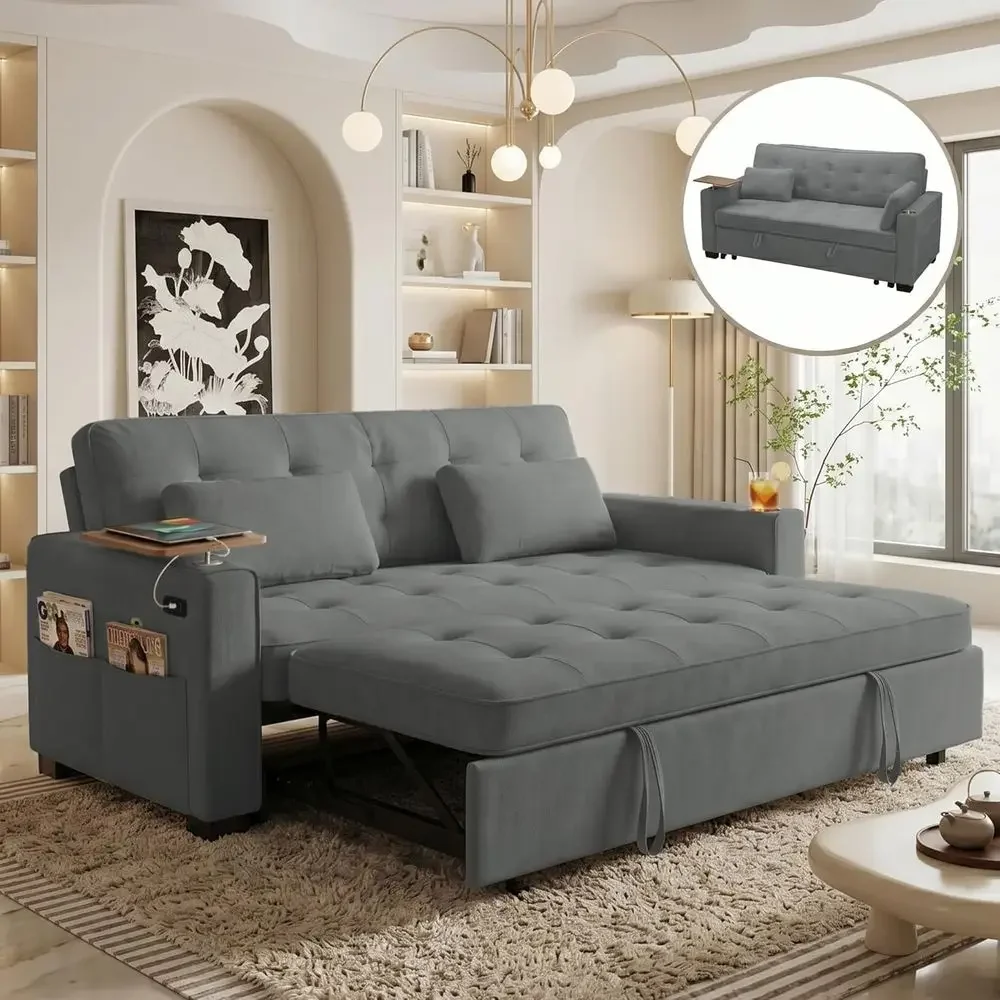 Convertible Soa Bed with Pull-Out Sleeper, 6-Level Adjustable Backrest, USB Charging Port, Cup Holder & Side Table, Chenille Lov