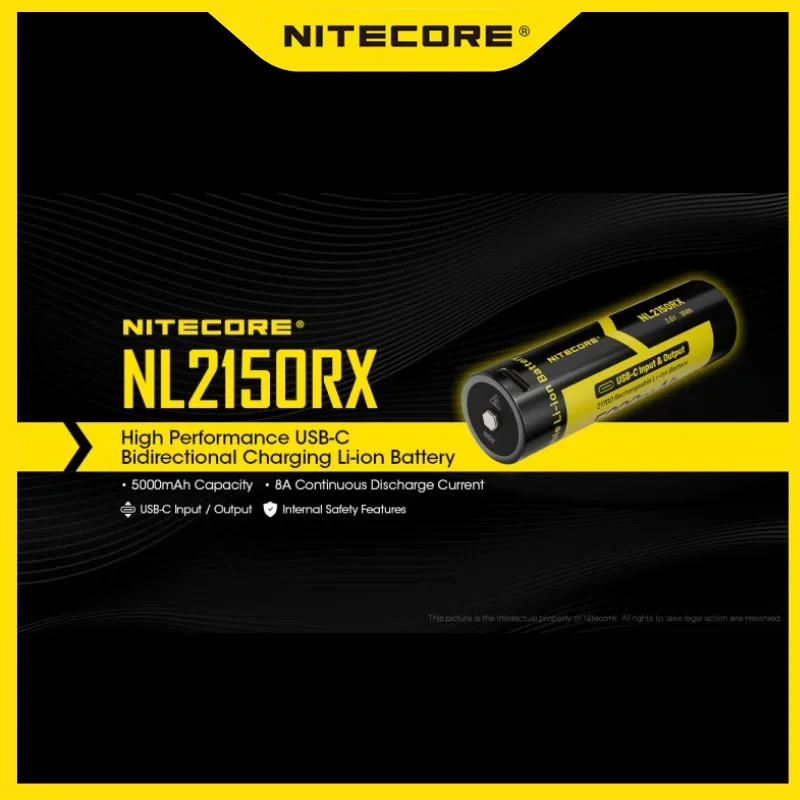 5000mAh Large Capacity NITECORE NL2150RX High Performance USB-C Bidirectional Charging 21700 Li-ion Battery