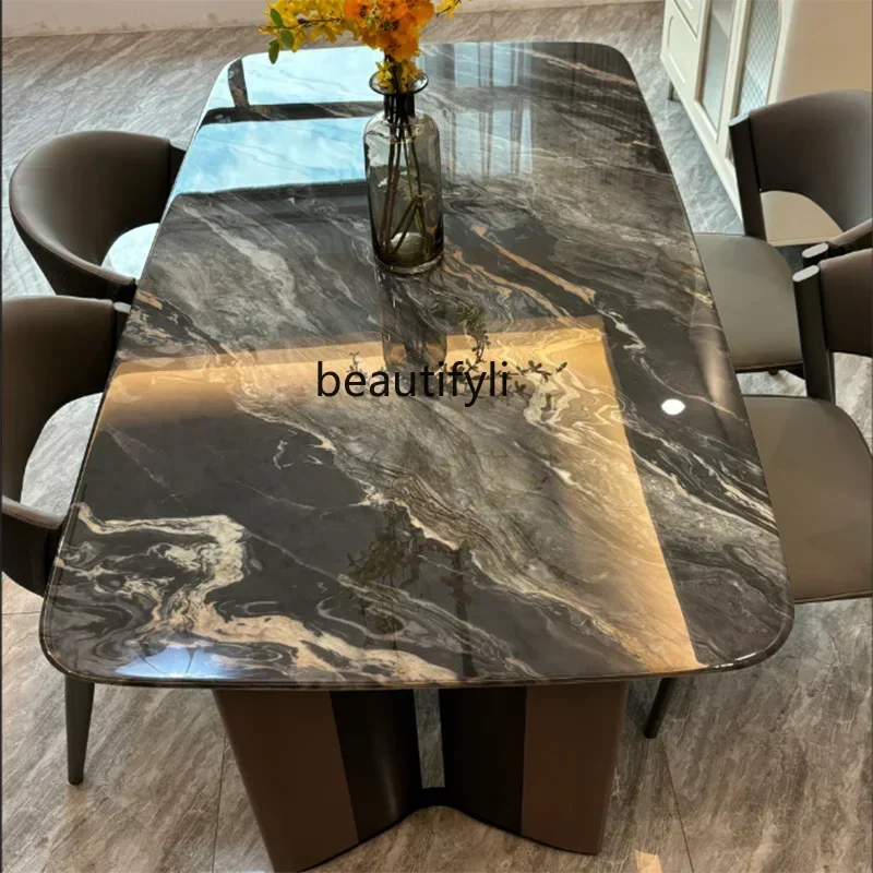 

Natural marble dining table household rectangular supercrystalline stone luxury stone dining table and chair combination