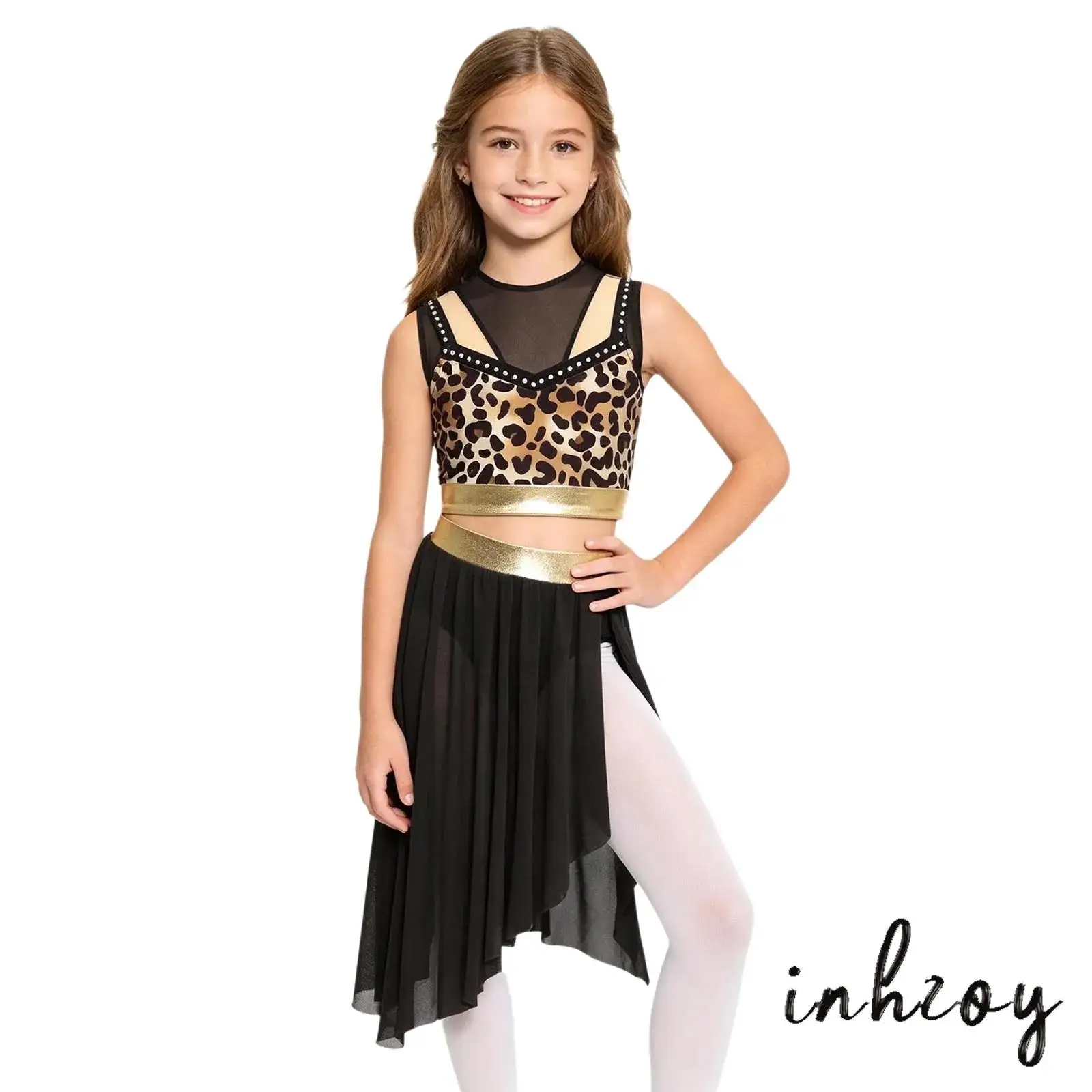 

Kids Cave Girl Dance Costume Girls Sleeveless Leopard Print Rhinestone Top And Skirt Set for Ballet Latin Jazz Dance Performance