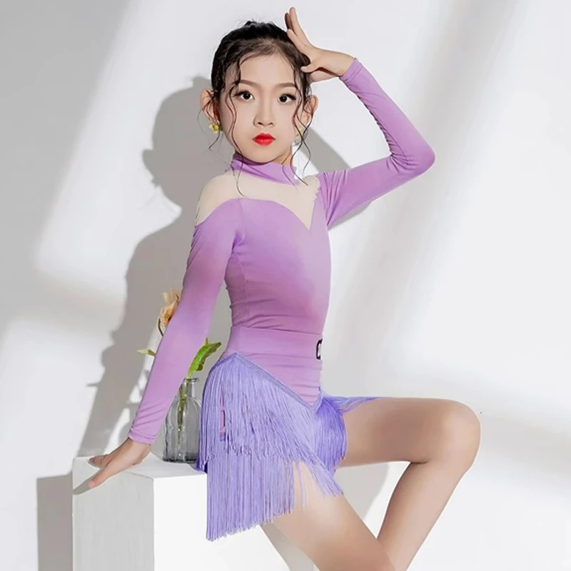 

Long Sleeve Latin Dance Dress for Girls Kids Bodysuit with Tassels Skirt Practice Performance Set Ballet Dancewear Costume