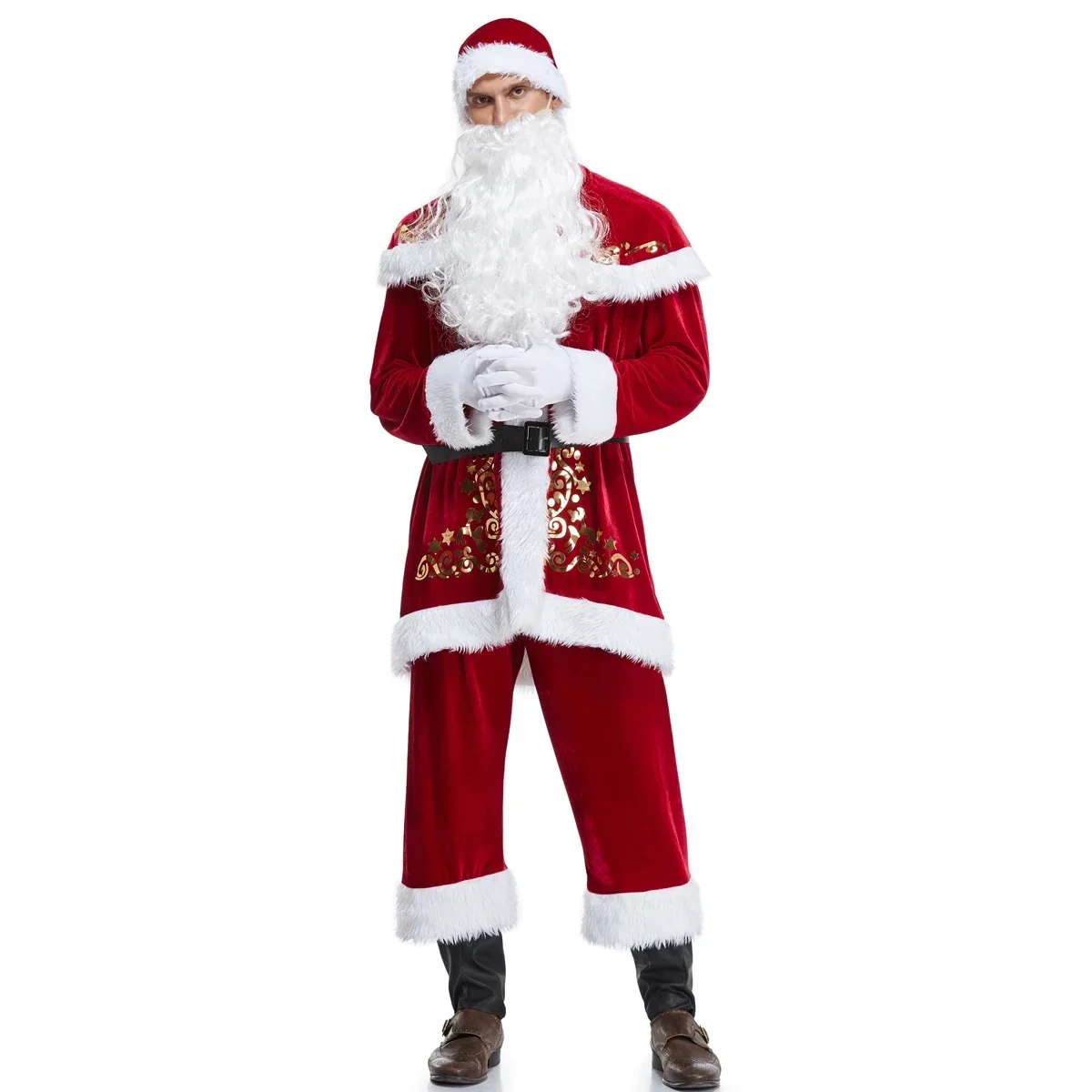 Traje de Papá Noel de Navidad, disfraz de Cosplay de Navidad para adultos, conjunto de 7 Uds de lujo de terciopelo rojo, disfraz de fiesta de Navidad para hombre, S-XXL